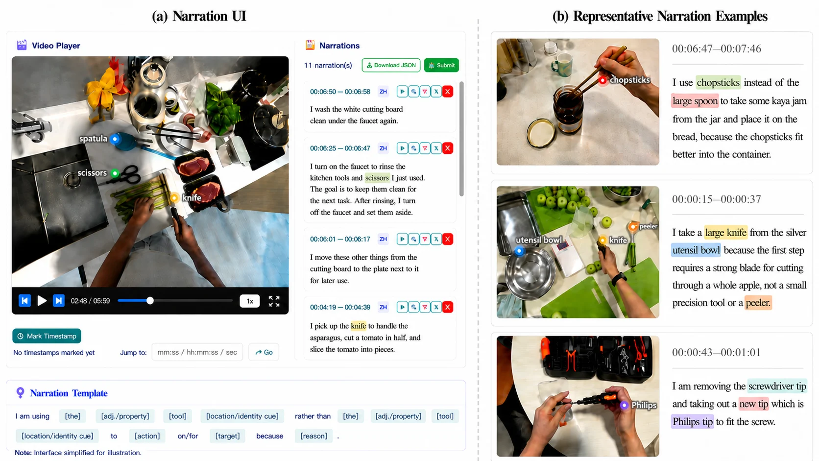 Narration interface and examples connecting tool choice to task intent